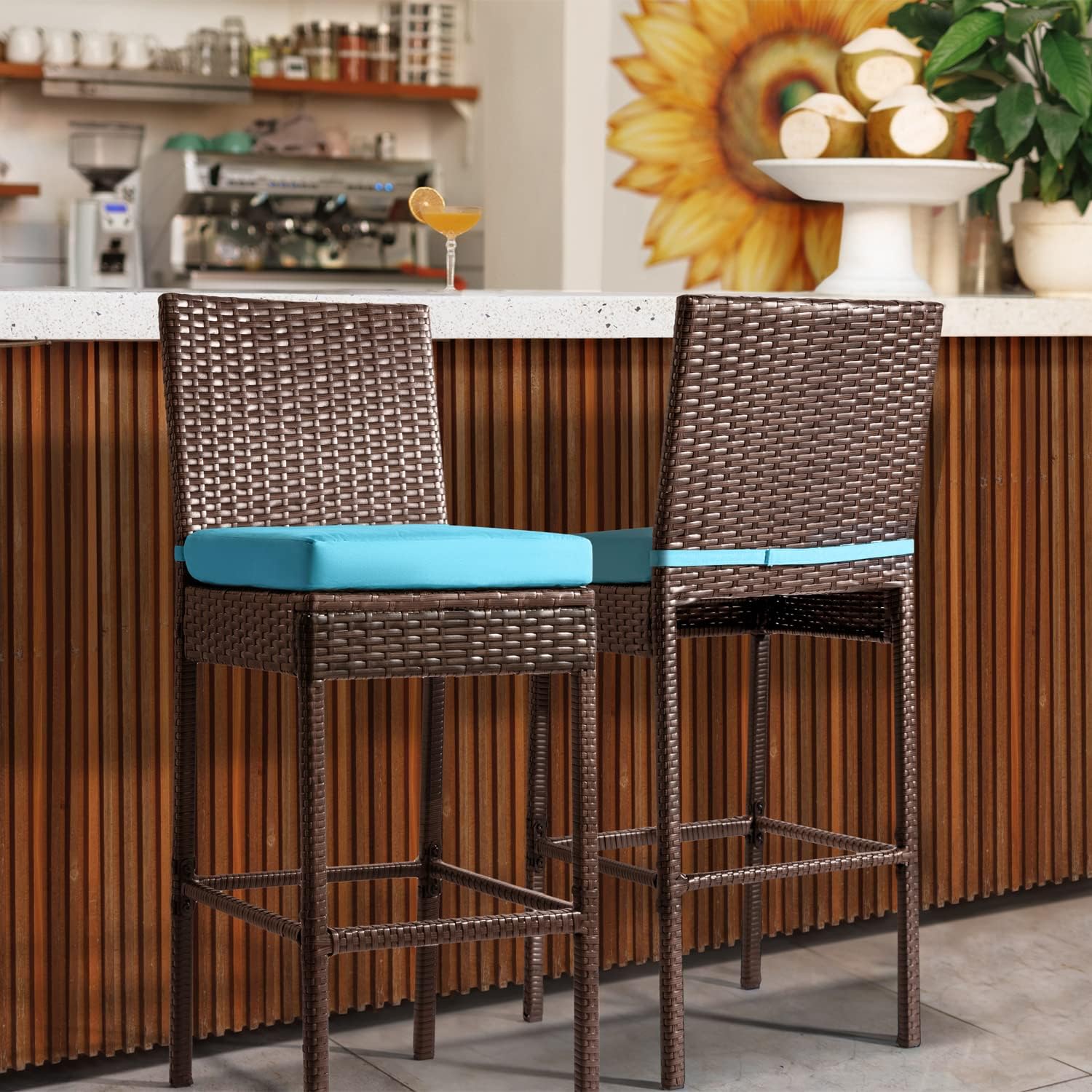 Outdoor Bar Stools Wicker Woven Patio Stools & Patio Bar Chairs Set of 2 Counter Bar Height Stools with Footrest