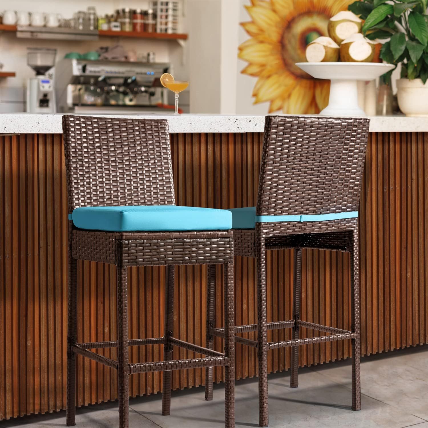 Outdoor Bar Stools Wicker Woven Patio Stools & Patio Bar Chairs Set of 2 Counter Bar Height Stools with Footrest