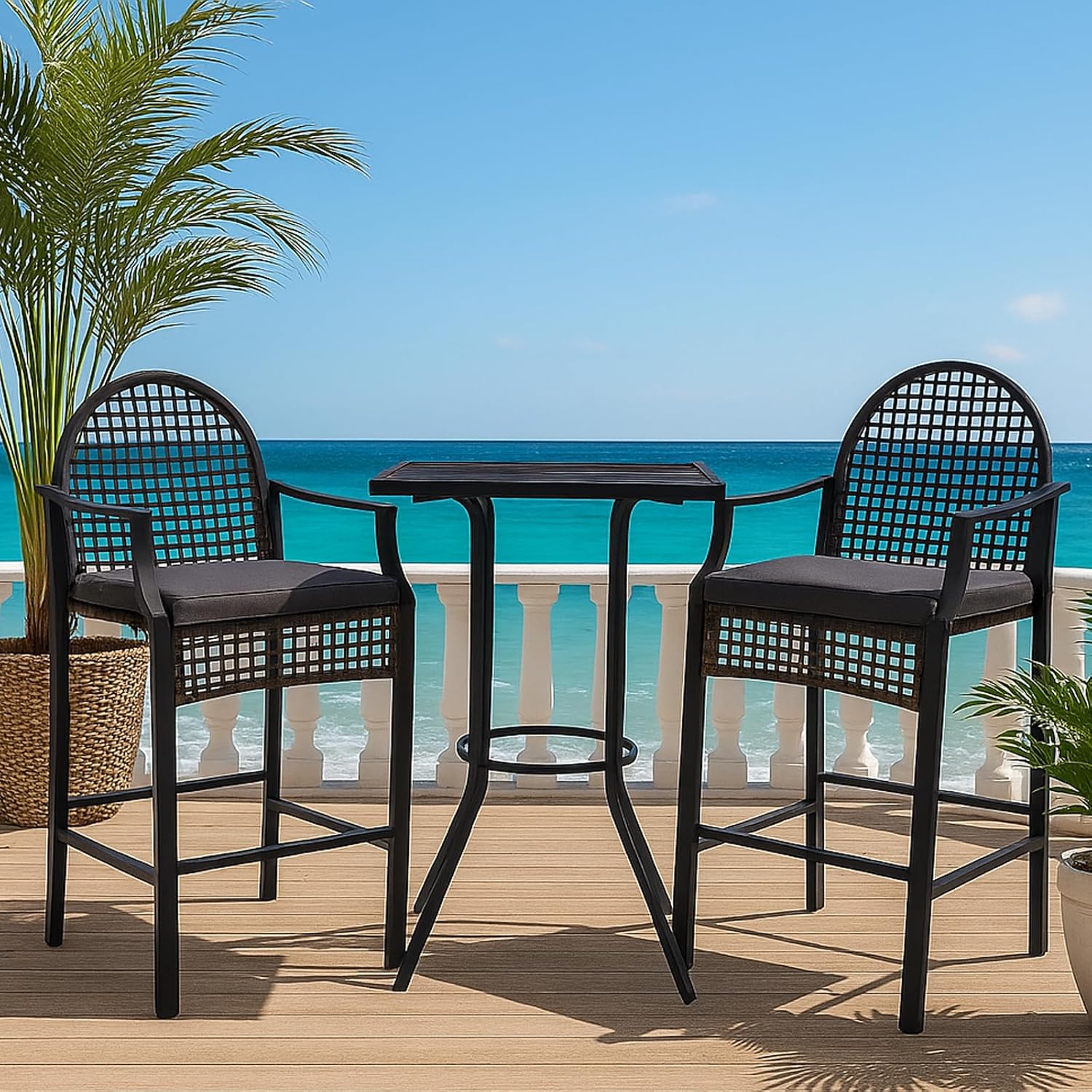 Outdoor High Stool Bistro Set with 2 Bar Chairs, 3 Piece Patio Bar Table Sets, Wicker Outdoor Bar Set