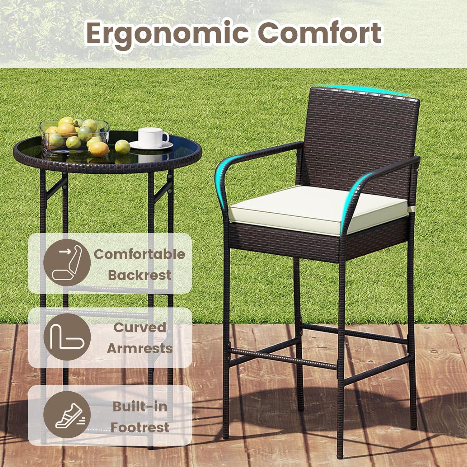 3 Piece Outdoor Bar Set, Patio Rattan Heavy Duty Bar Height Glass Top Table & Chairs