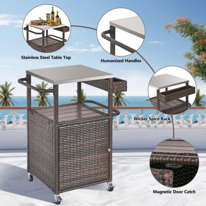 Grill Cart Outdoor with Wheels Outdoor Prep Table Grill Station with Storage Outdoor Kitchen Island Serving Cart with Stainless Steel Table Top
