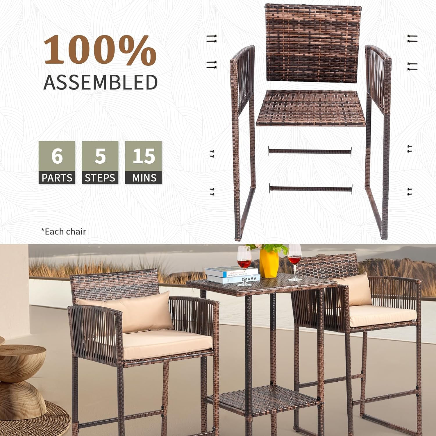 3 PCS Patio Bar Set Wicker, Outdoor Bar Table and Bar Stools with Storage Shelf and Cushions