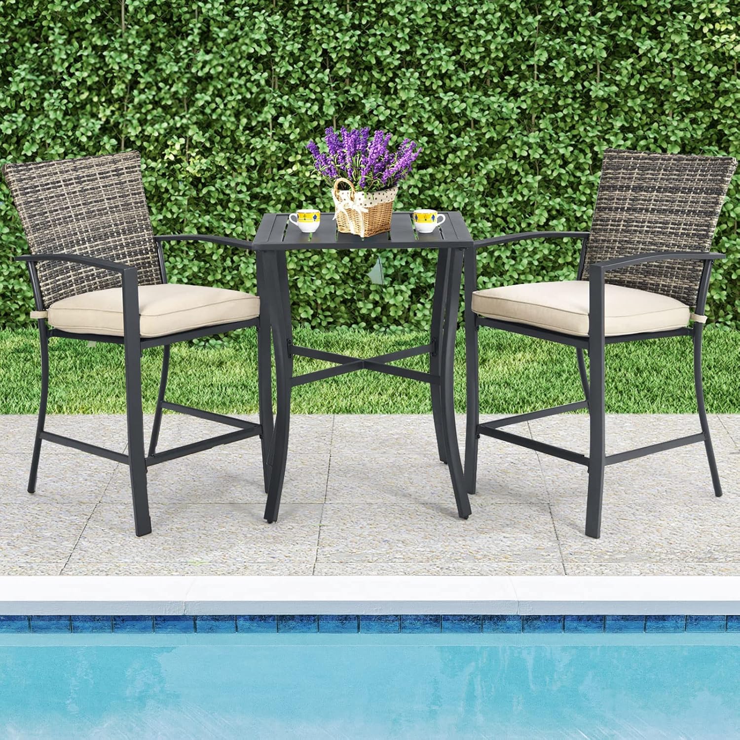 3 Piece Patio Bar Set, Outdoor Bistro Set w/ 27.5" Square Table, 2 Wicker Cushioned Chairs, Ergonomic Armrest & Backrest