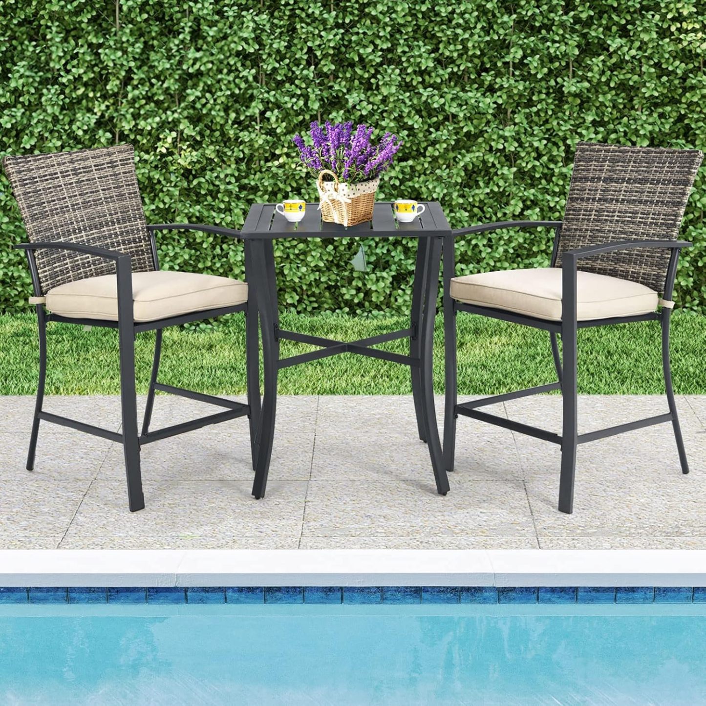 3 Piece Patio Bar Set, Outdoor Bistro Set w/ 27.5" Square Table, 2 Wicker Cushioned Chairs, Ergonomic Armrest & Backrest
