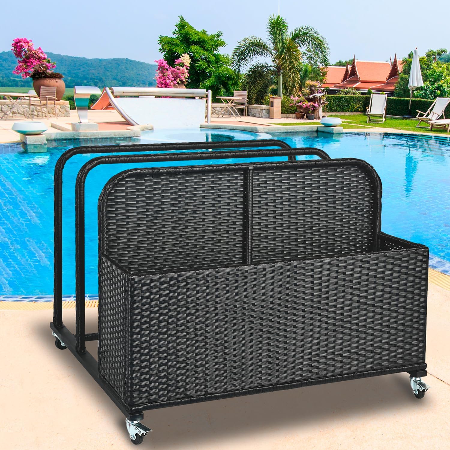 Pool Toy Storage Holder with Wicker Basket Outdoor Pool Float Holder Storage Rack Rolling Pool Caddy Cart