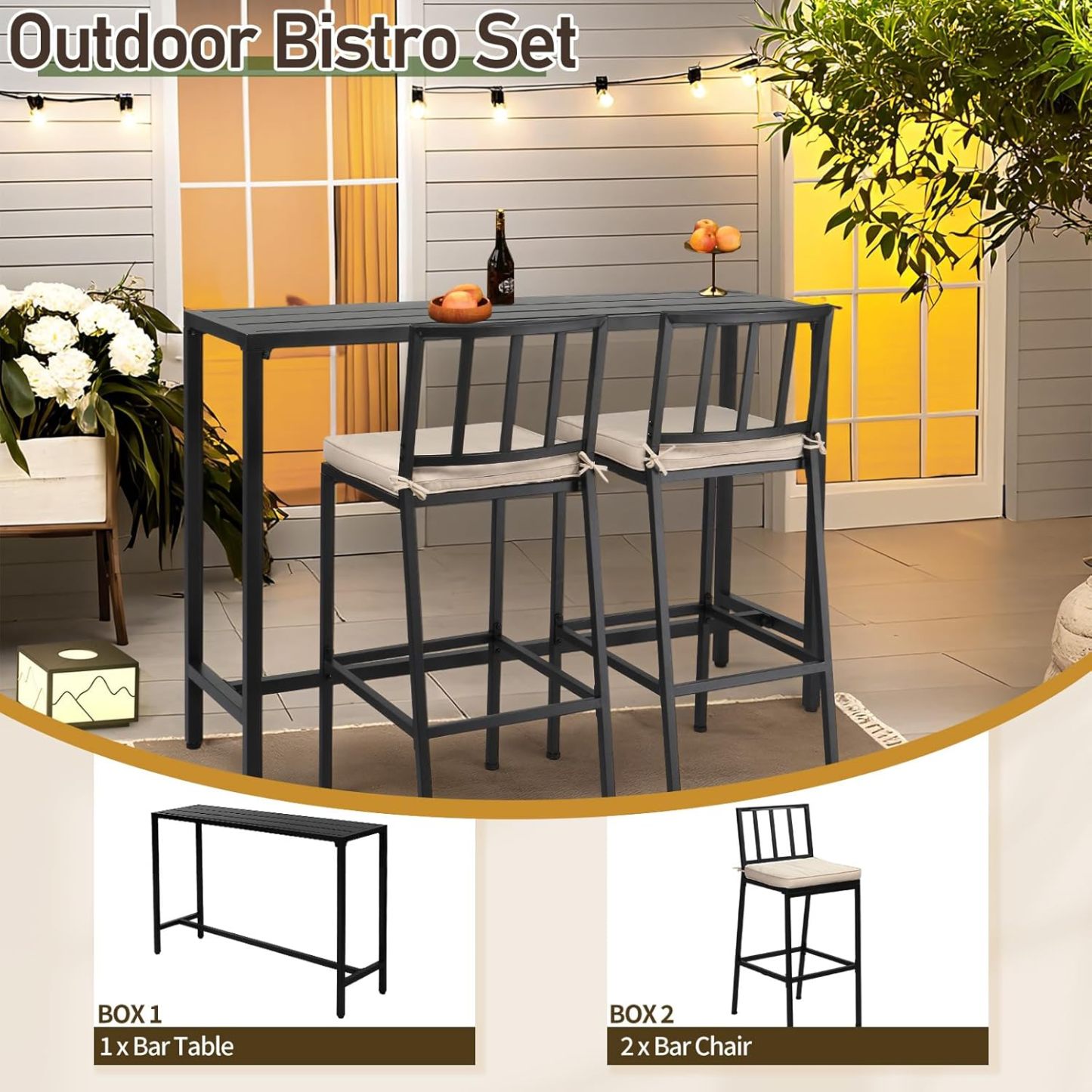 3 Piece Outdoor Patio Bar Set, 55" Pub Height High Top Bar Table & 2 Cushioned Bar Stools