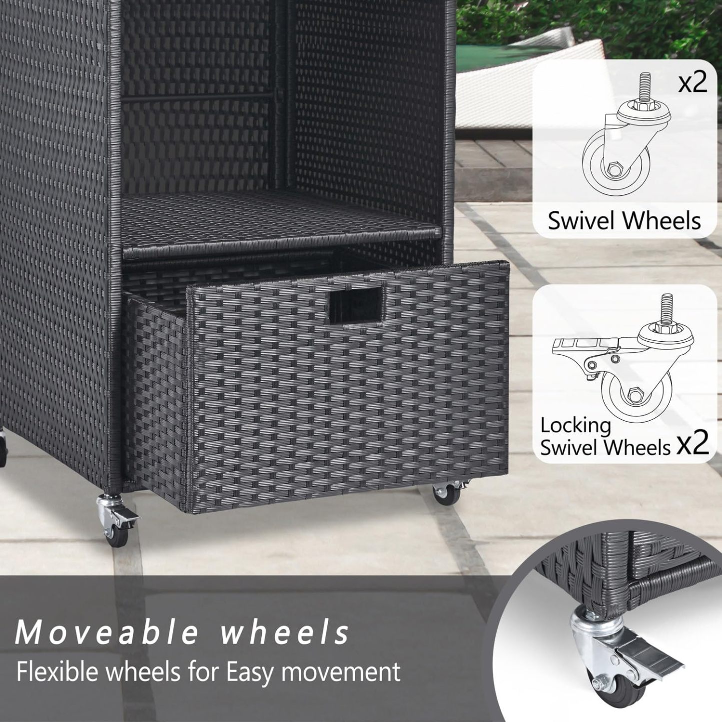 Towel Rack for Pool Outdoor Pool Towel Storage Cabinet with Shelf & Drawer Pool Towel Holder with Rolling Wheels Hot Tub Towel Rack