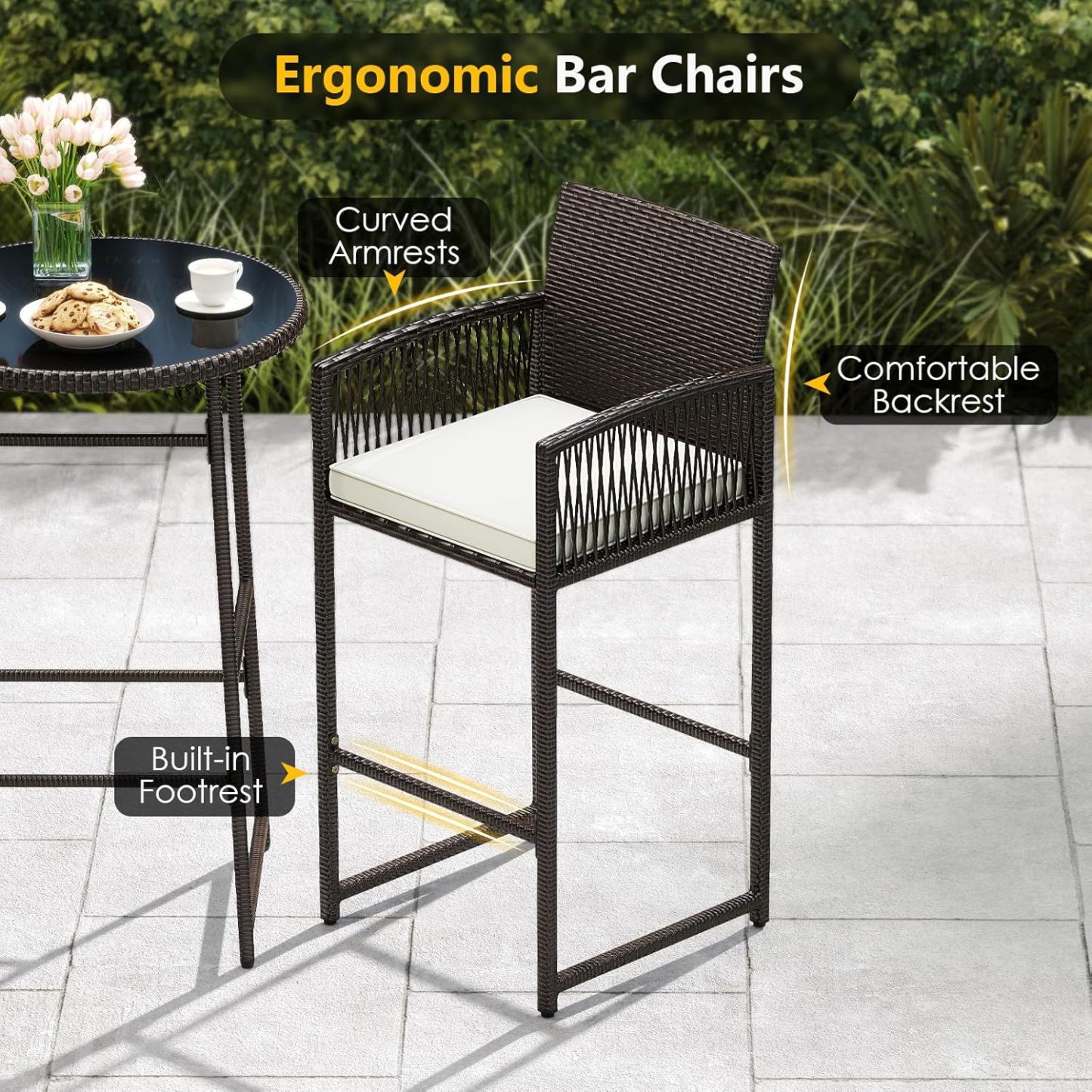Outdoor Wicker Bar Height Glass Top Table & 2 Cushioned Barstools Heavy Duty, for Backyard, Poolside, Porch