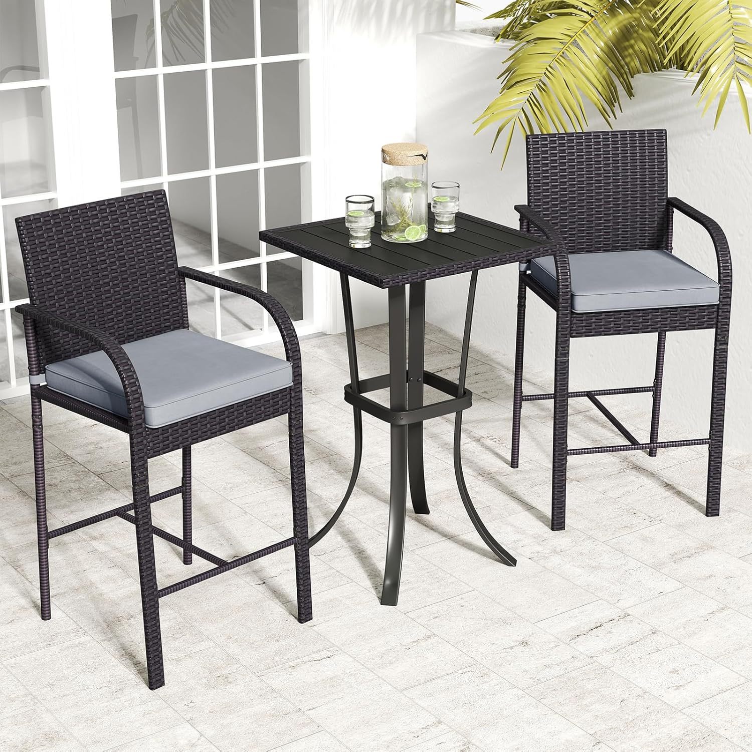 3 Piece Patio Wicker Bar Set, Outdoor Rattan Counter Height Cushioned Chairs & Square Table with Heavy-Duty Metal Frame