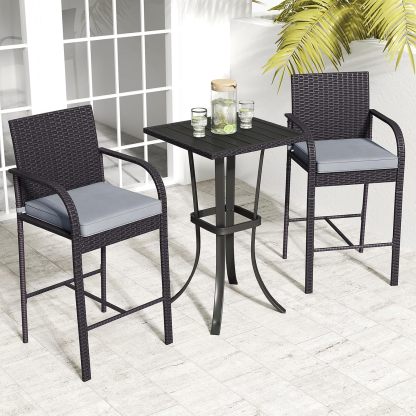 3 Piece Patio Wicker Bar Set, Outdoor Rattan Counter Height Cushioned Chairs & Square Table with Heavy-Duty Metal Frame