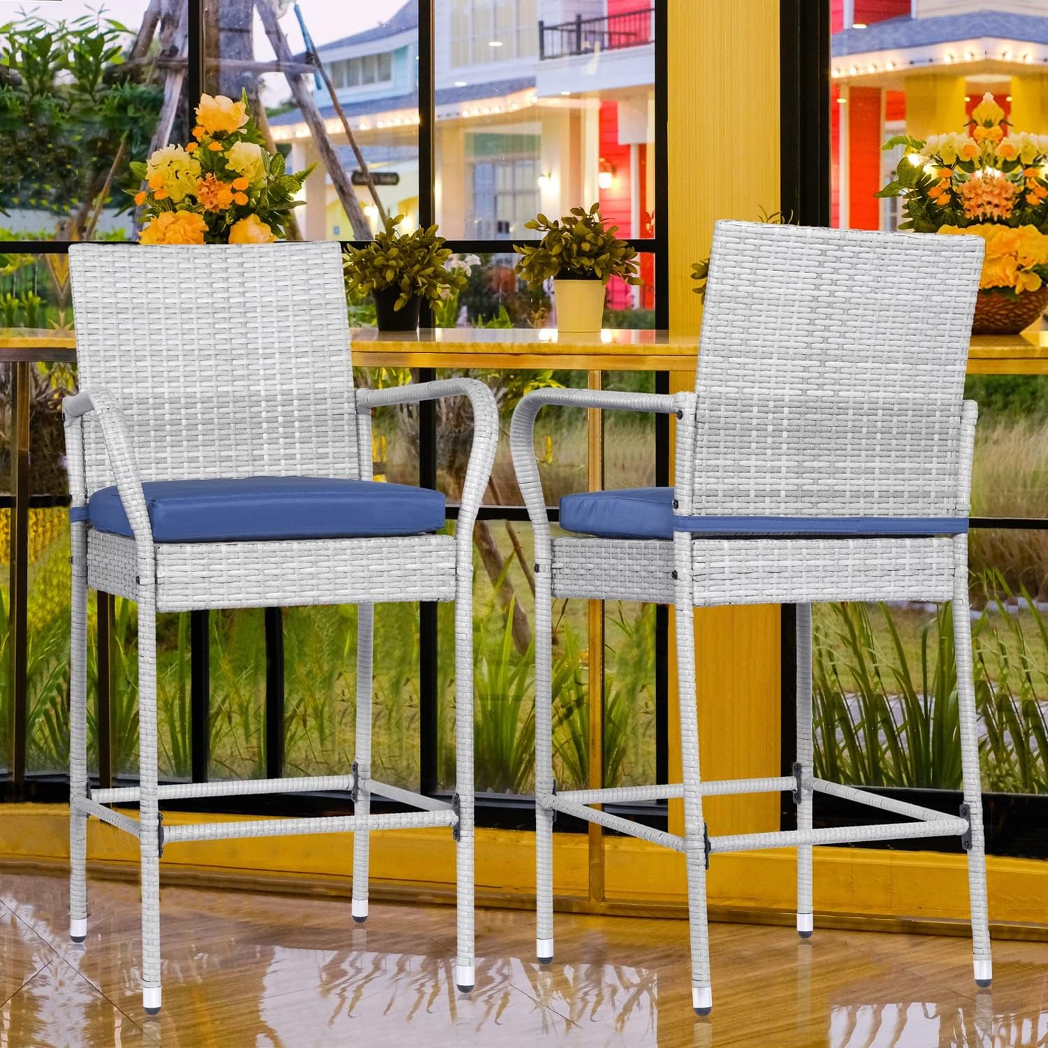 Outdoor Bar Stools Set of 4 Patio Chairs Bar Height Wicker Counter Height Bar Stools Patio Stools & Bar Chairs with Footrest Armrest Cushion Navy Blue