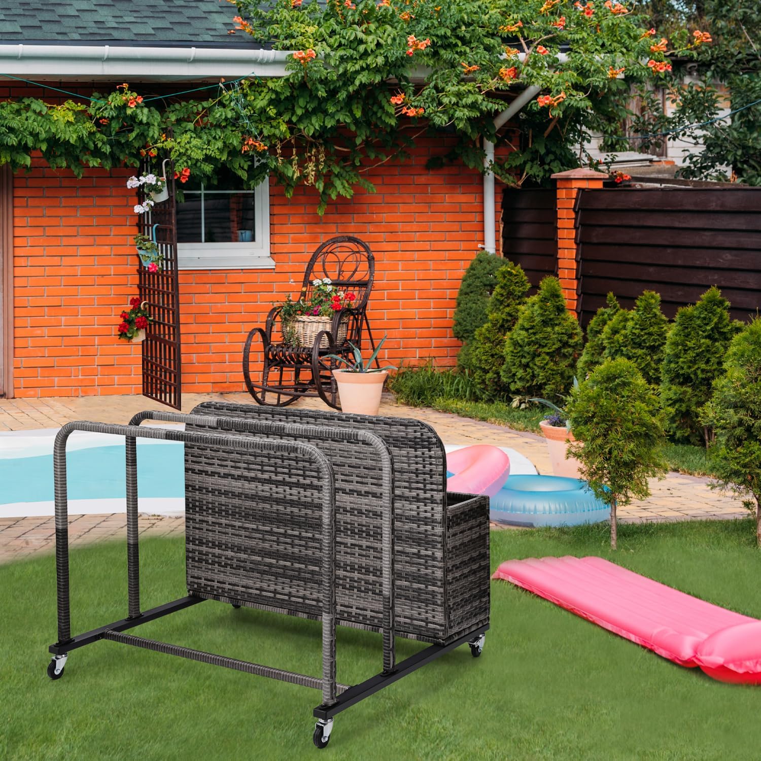 Pool Toy Storage Holder with Wicker Basket Outdoor Pool Float Holder Storage Rack Rolling Pool Caddy Cart