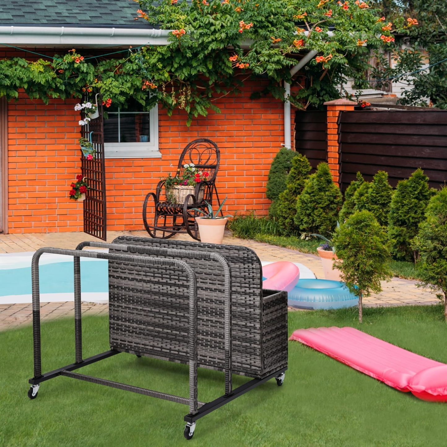 Pool Toy Storage Holder with Wicker Basket Outdoor Pool Float Holder Storage Rack Rolling Pool Caddy Cart