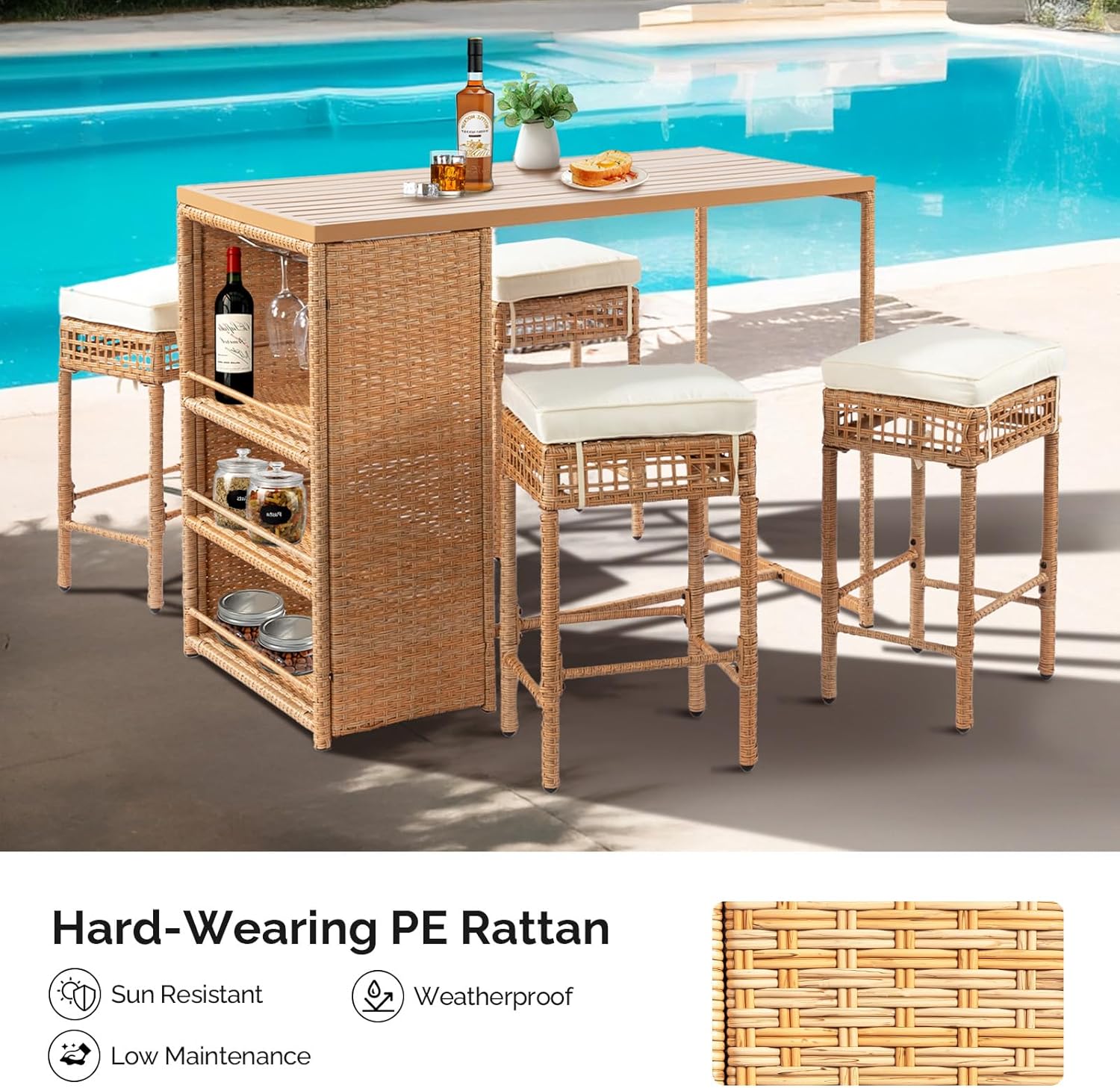 5-Piece Outdoor Bar Set, Wicker Rattan Bar Height Patio Set w/4 Cushion Bar Stools & Table with Hidden Storage