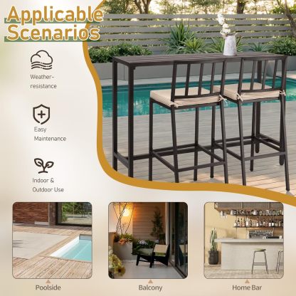 3 Piece Outdoor Patio Bar Set, 55" Pub Height High Top Bar Table & 2 Cushioned Bar Stools