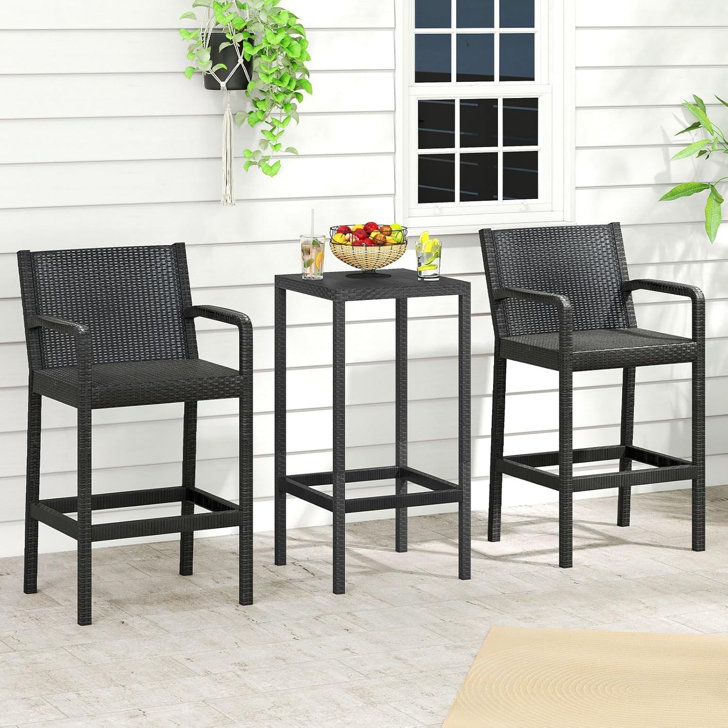 3 Pieces Patio Bar Set, Outdoor Curved Heavy Duty Bar Chairs and Square Table for 2