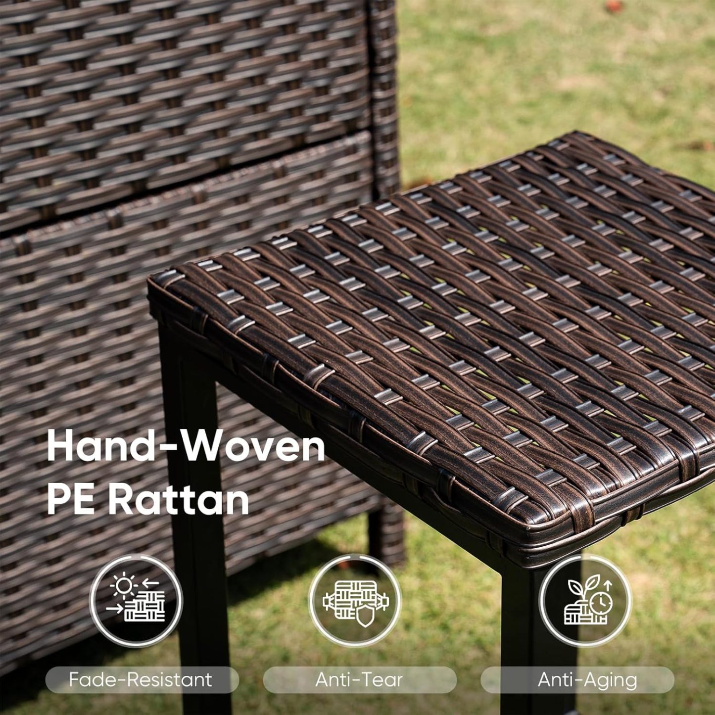 3 Piece Wicker Bar Height Patio Set with 2 Stools, Storage Shelves & Wine Glass Rack