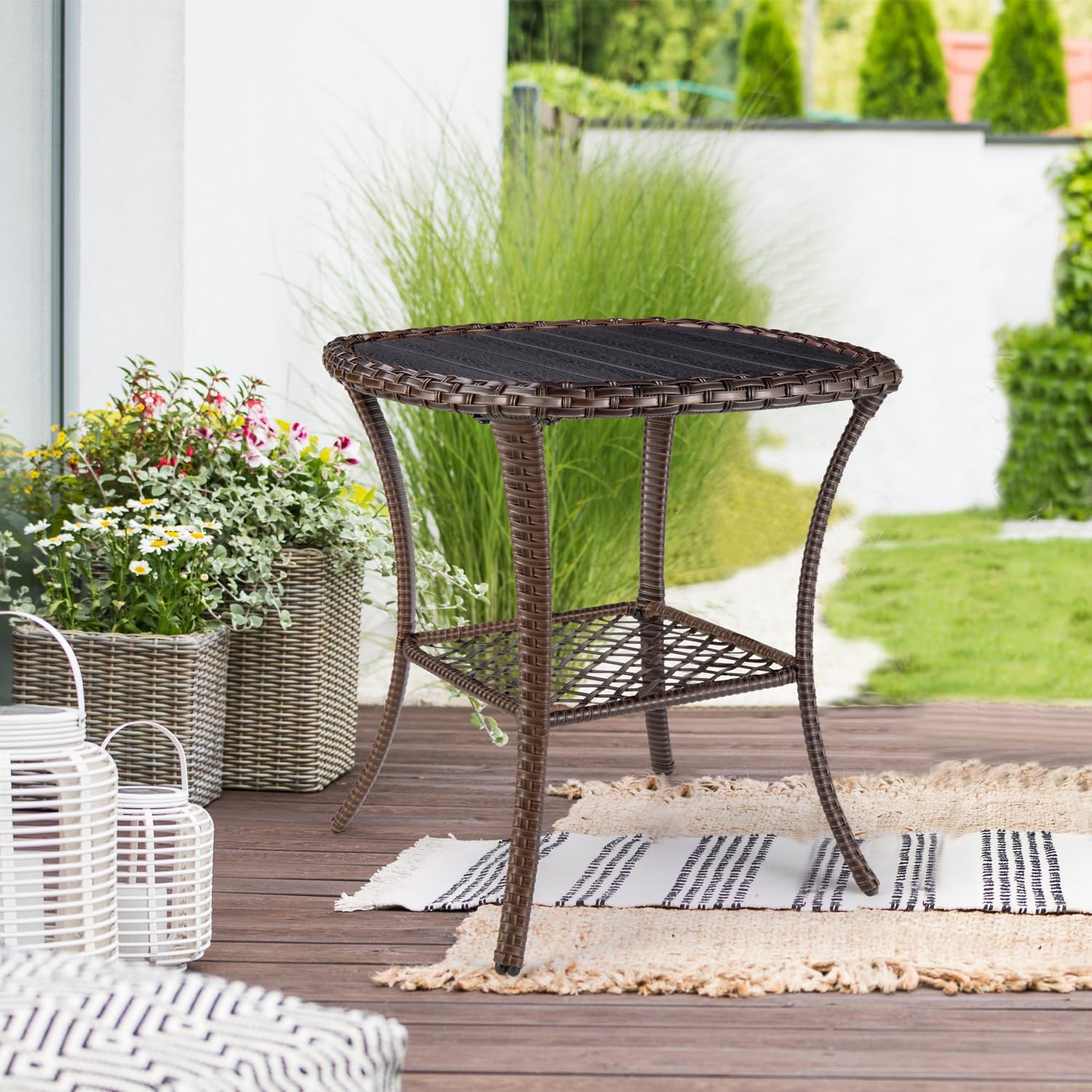 Outdoor Side Table Patio Wicker Coffee Table Outdoor End Table Rattan Bistro Table with Storage & Poly Lumber Table Top
