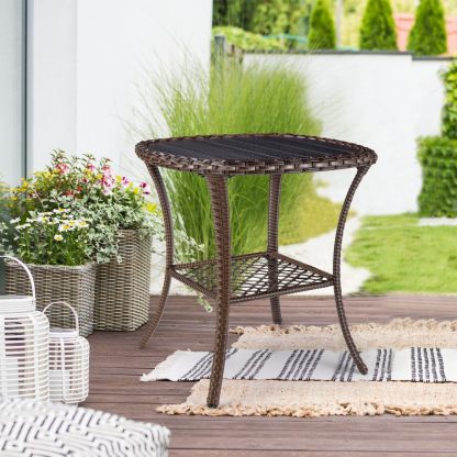Outdoor Side Table Patio Wicker Coffee Table Outdoor End Table Rattan Bistro Table with Storage & Poly Lumber Table Top