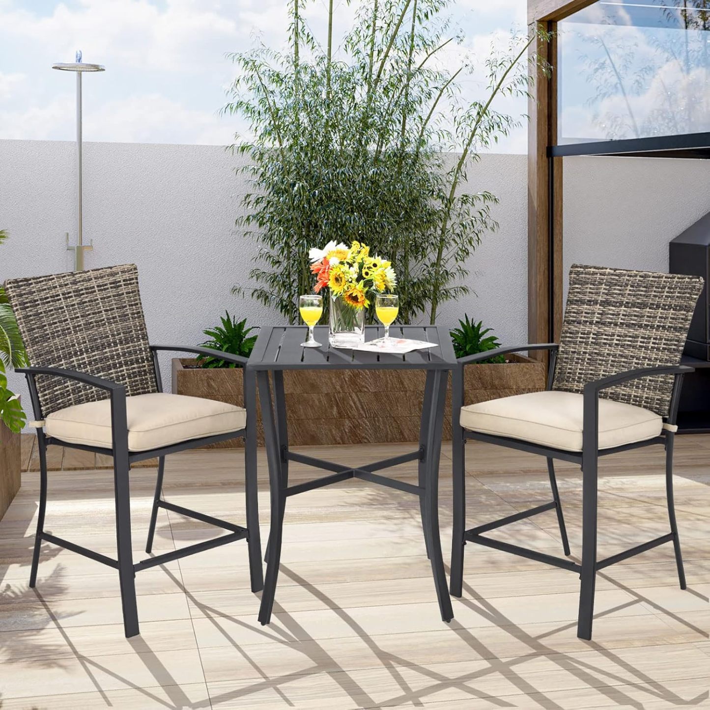 3 Piece Patio Bar Set, Outdoor Bistro Set w/ 27.5" Square Table, 2 Wicker Cushioned Chairs, Ergonomic Armrest & Backrest