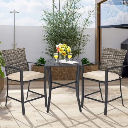 3 Piece Patio Bar Set, Outdoor Bistro Set w/ 27.5" Square Table, 2 Wicker Cushioned Chairs, Ergonomic Armrest & Backrest