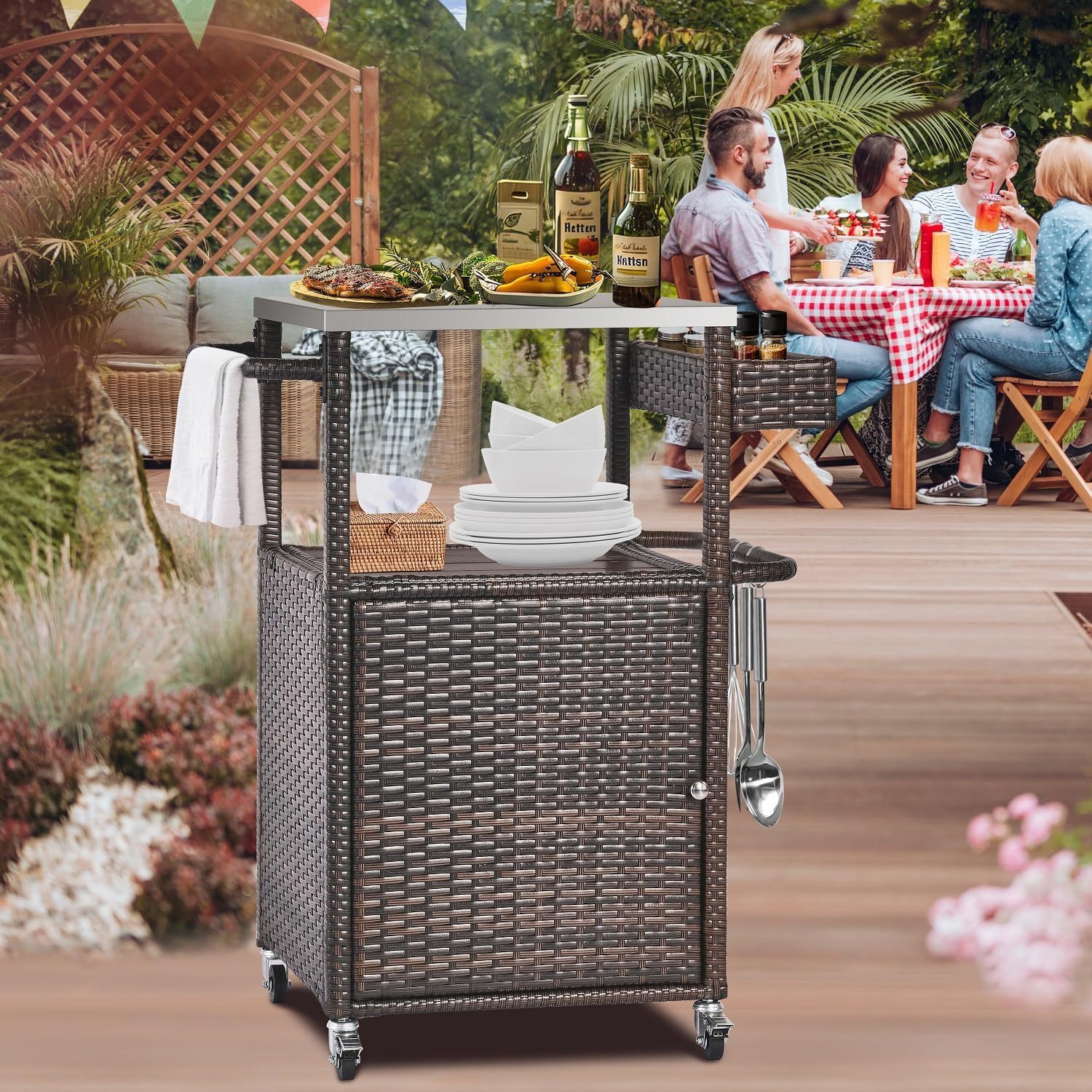 Grill Cart Outdoor with Wheels Outdoor Prep Table Grill Station with Storage Outdoor Kitchen Island Serving Cart with Stainless Steel Table Top