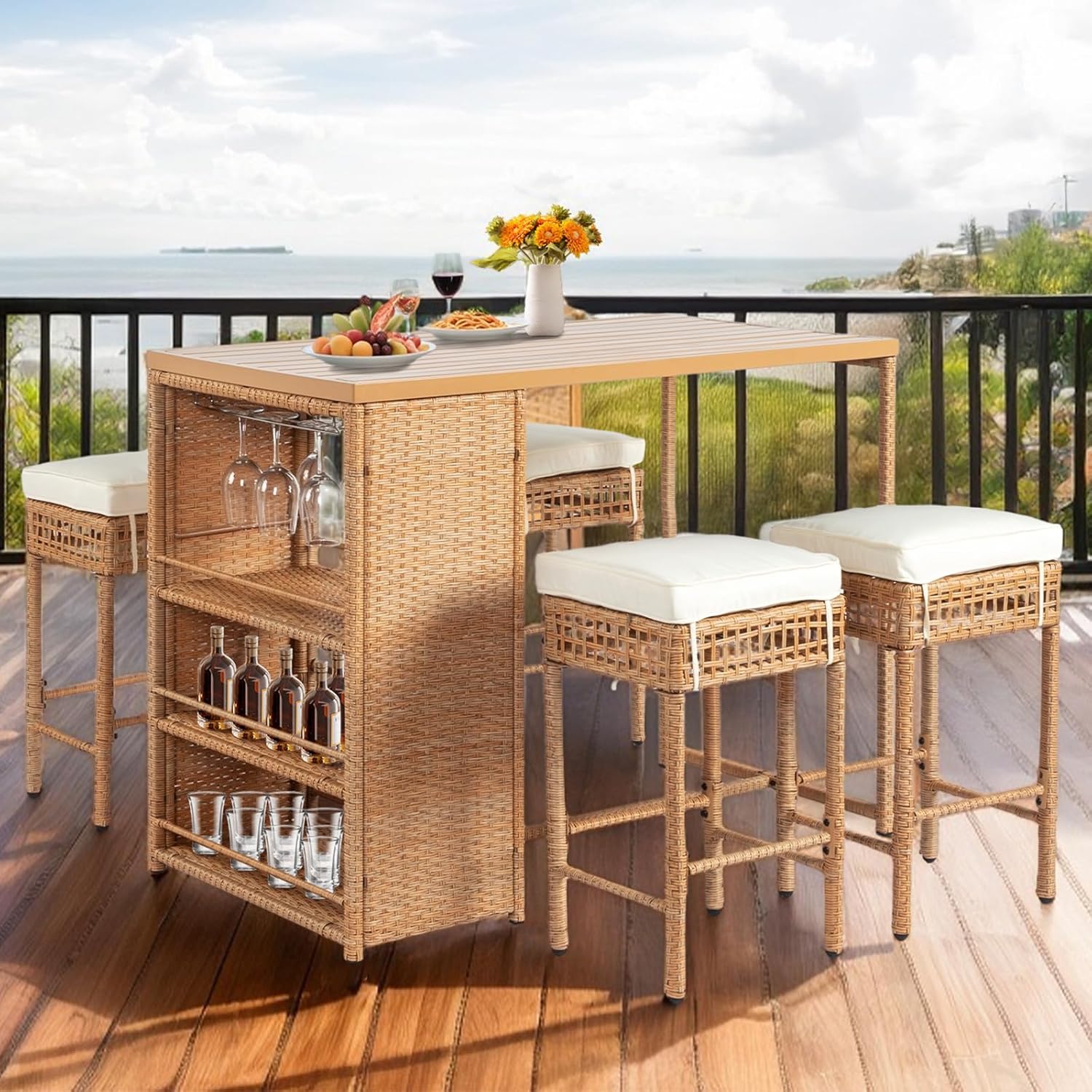5-Piece Outdoor Bar Set, Wicker Rattan Bar Height Patio Set w/4 Cushion Bar Stools & Table with Hidden Storage