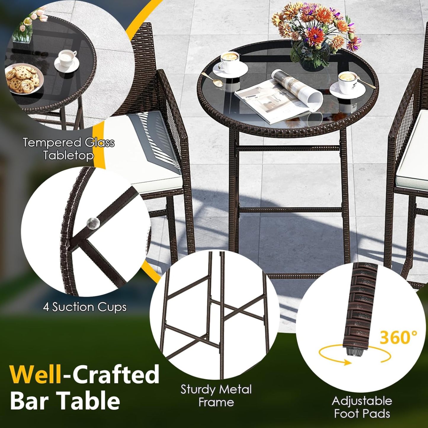 Outdoor Wicker Bar Height Glass Top Table & 2 Cushioned Barstools Heavy Duty, for Backyard, Poolside, Porch