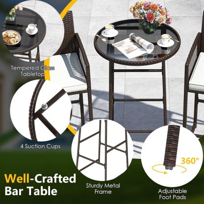 Outdoor Wicker Bar Height Glass Top Table & 2 Cushioned Barstools Heavy Duty, for Backyard, Poolside, Porch
