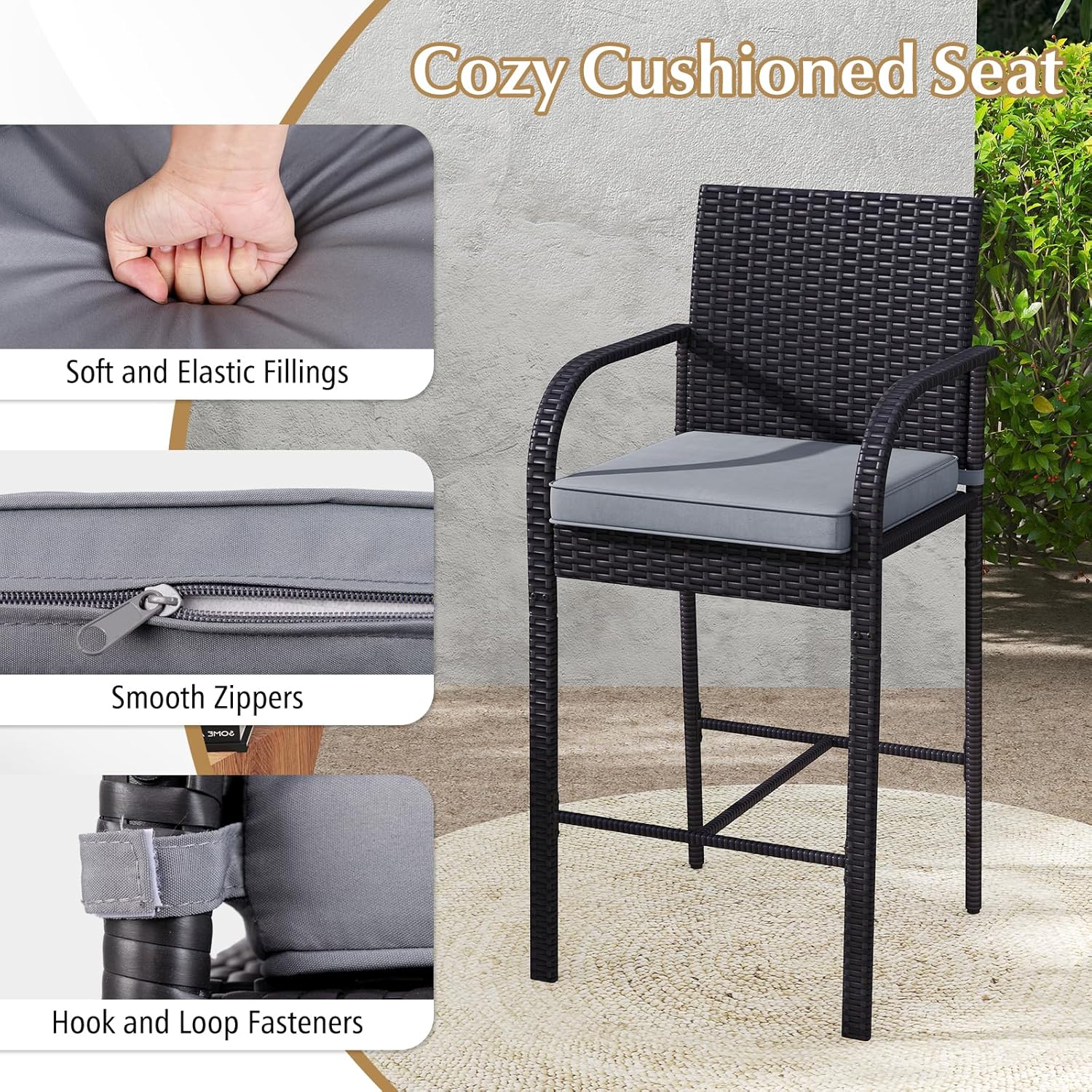 3 Piece Patio Wicker Bar Set, Outdoor Rattan Counter Height Cushioned Chairs & Square Table with Heavy-Duty Metal Frame