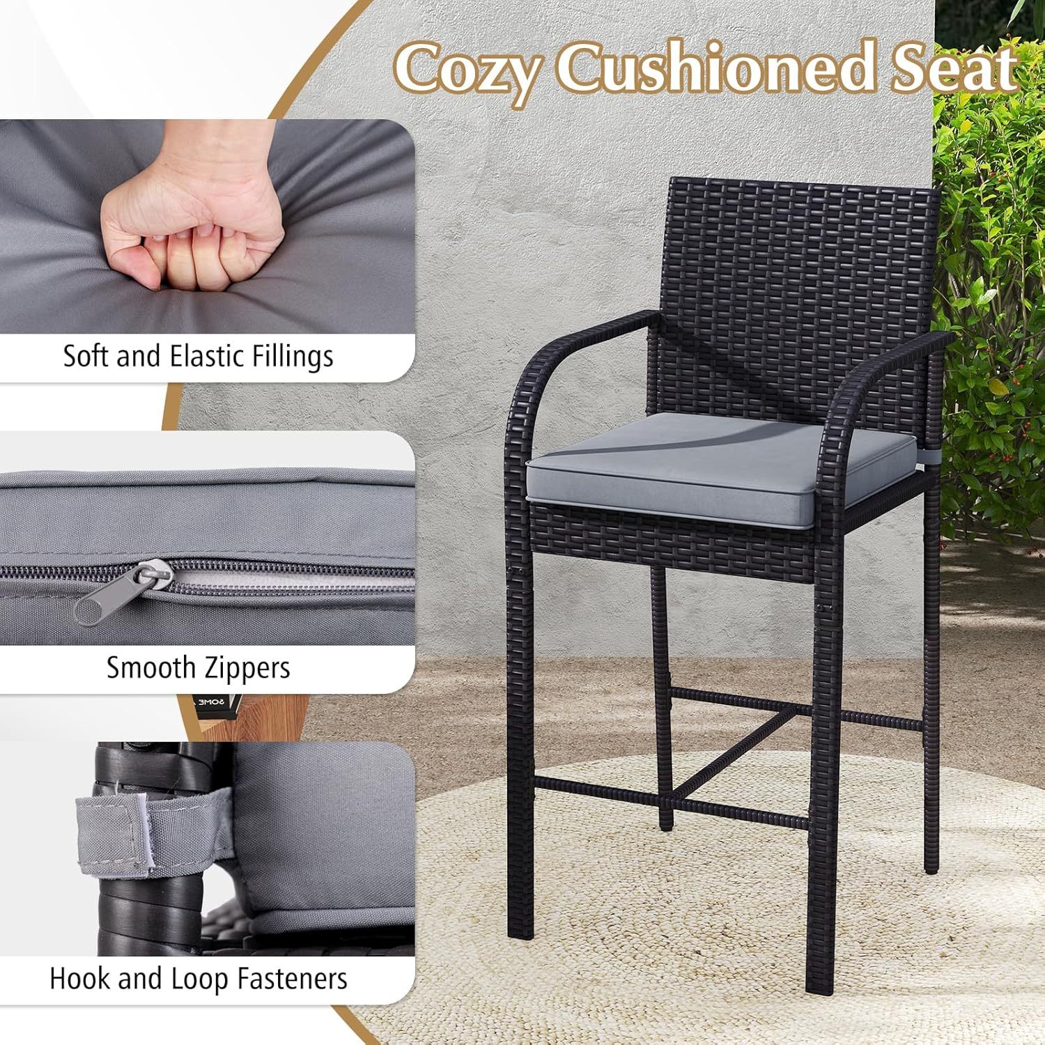 3 Piece Patio Wicker Bar Set, Outdoor Rattan Counter Height Cushioned Chairs & Square Table with Heavy-Duty Metal Frame