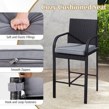 3 Piece Patio Wicker Bar Set, Outdoor Rattan Counter Height Cushioned Chairs & Square Table with Heavy-Duty Metal Frame