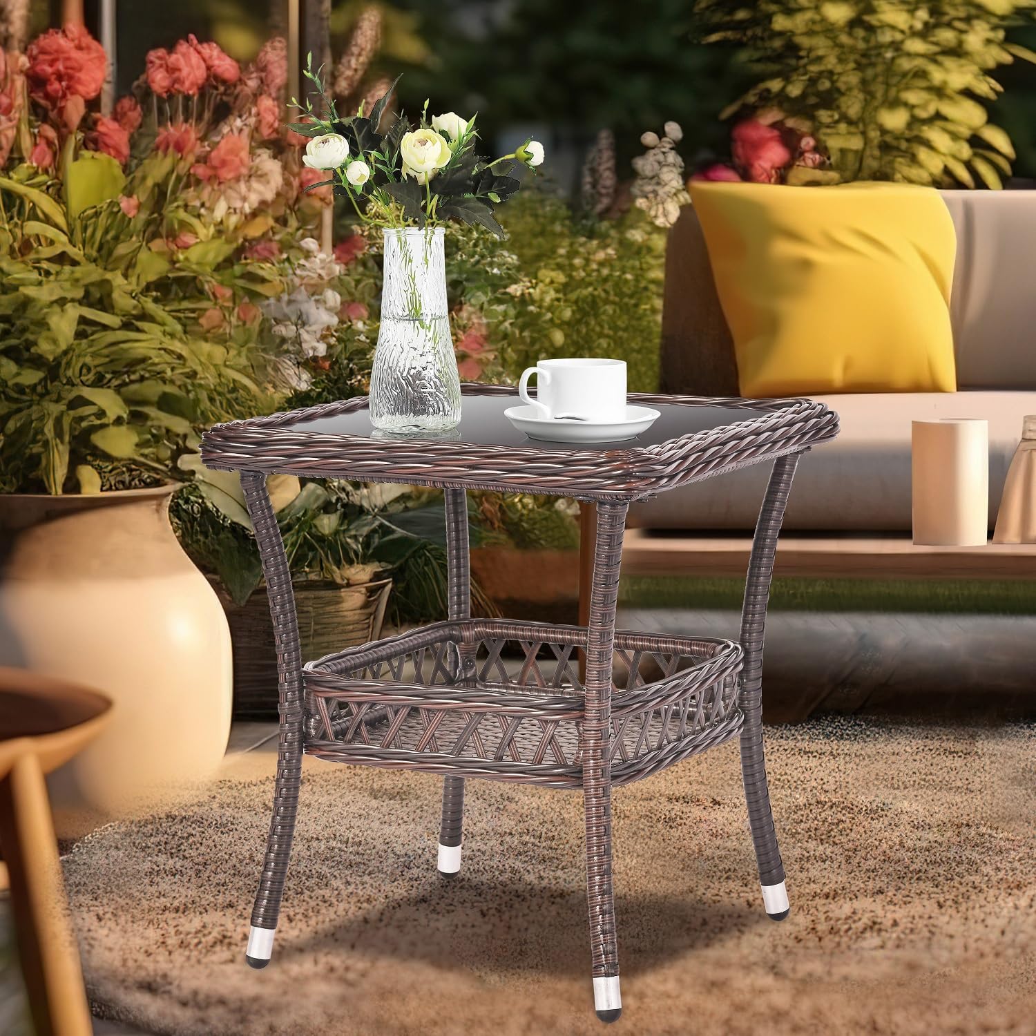 Wicker Coffee Table Outdoor End Table Rattan Bistro Table with Storage & Black Glass Table Top Square