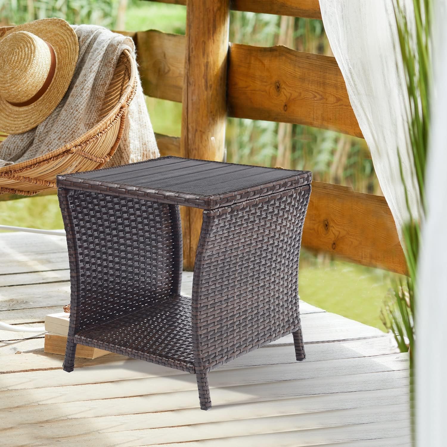 Outdoor Side Table for Patio Small Rattan Wicker Coffee Table Balcony Table Outside End Table with Poly Lumber Table Top & Storage Bistro Table