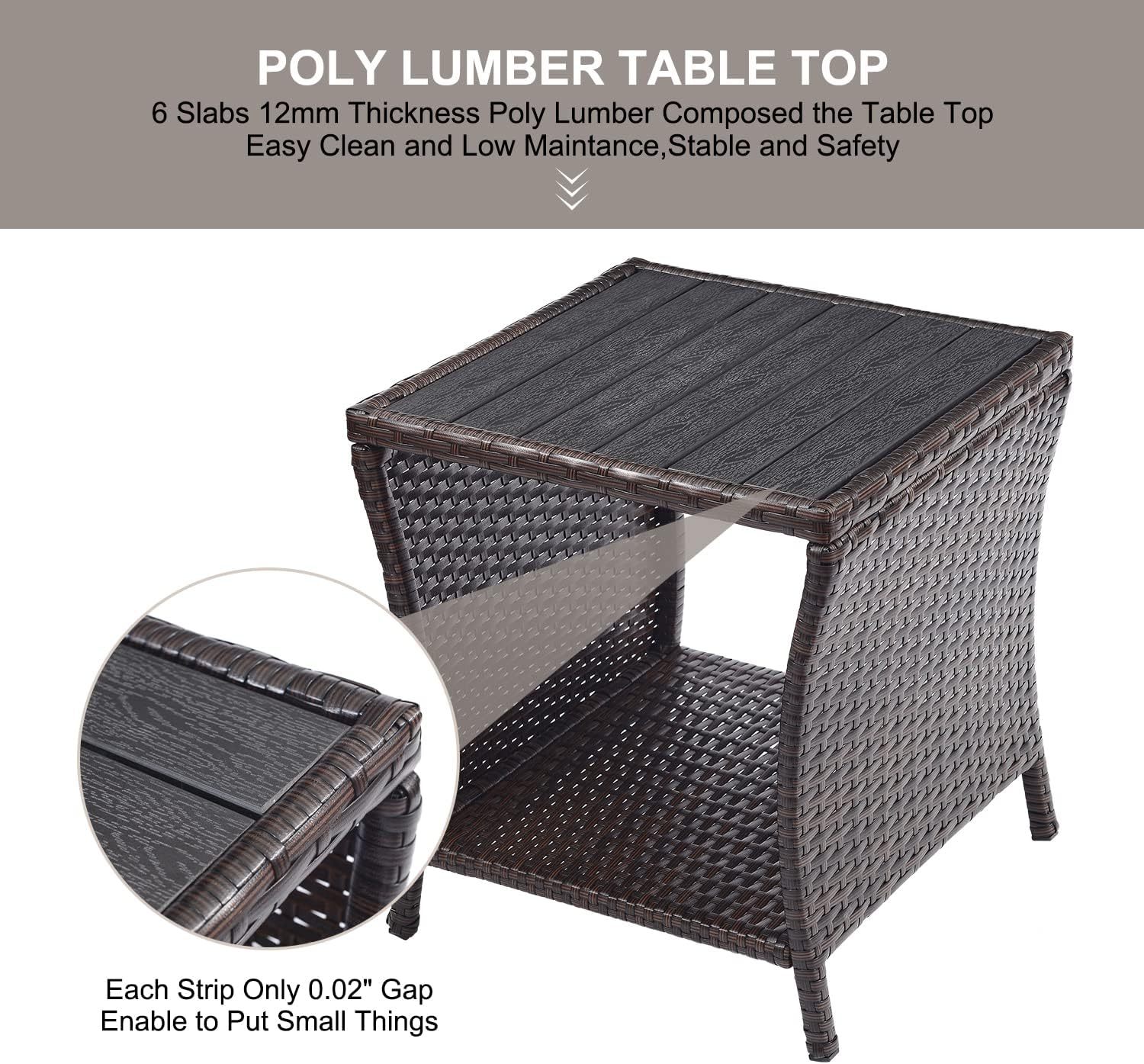 Outdoor Side Table for Patio Small Rattan Wicker Coffee Table Balcony Table Outside End Table with Poly Lumber Table Top & Storage Bistro Table