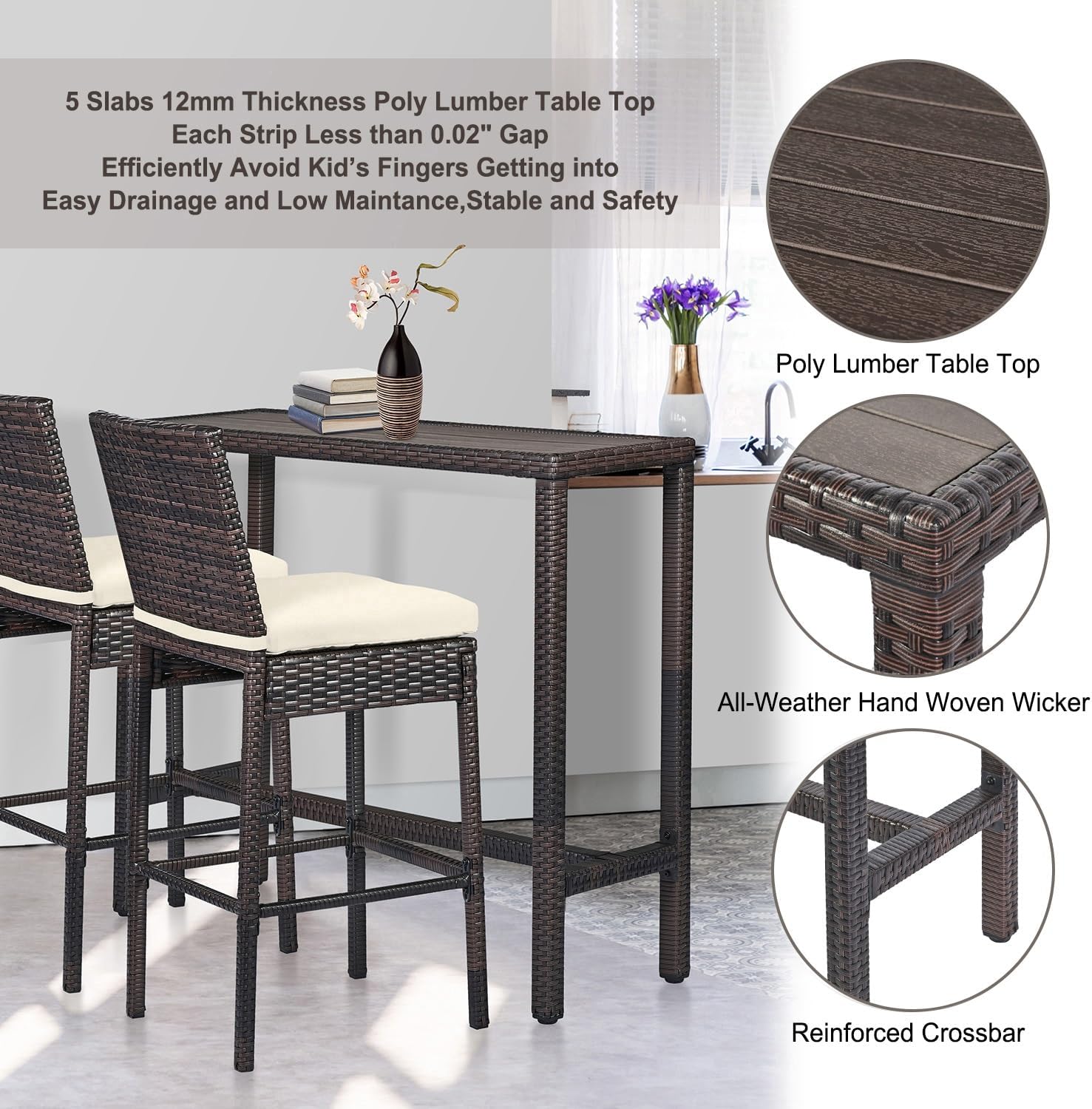 Outdoor Bar Set for Patio 3pcs Outdoor Bar Table and Chairs Set All Weather Bar Height High Top Outdoor Table and Chairs Wicker Bar Stools Set of 2 Tall Patio Table