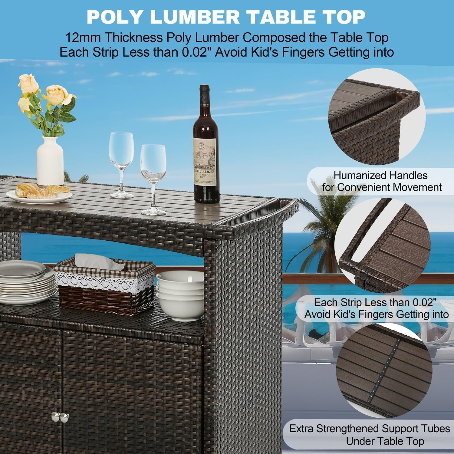 Bar Cart with Storage Cabinet Patio Wicker Sideboard Buffet Cabinet Prep Table Outside Kitchen Serving Cart