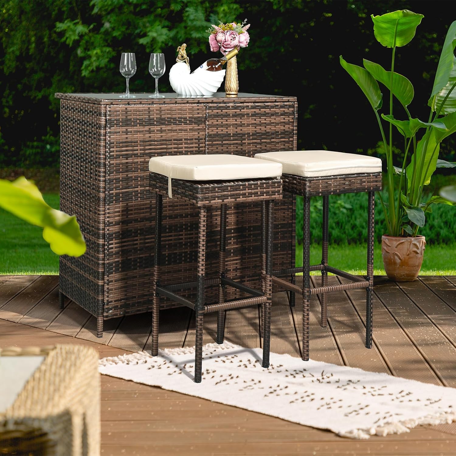 3 Piece Rattan Patio Bar Set with Stools 40" Height Tempered Glass Top Bar Table All-Weather Brown Wicker Furniture