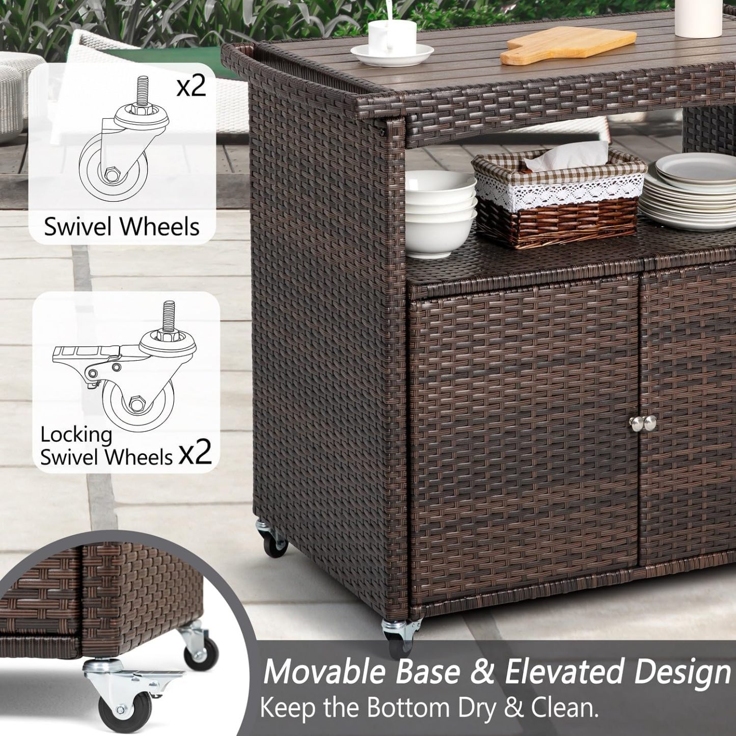 Bar Cart with Storage Cabinet Patio Wicker Sideboard Buffet Cabinet Prep Table Outside Kitchen Serving Cart