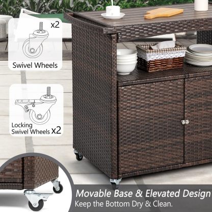Bar Cart with Storage Cabinet Patio Wicker Sideboard Buffet Cabinet Prep Table Outside Kitchen Serving Cart