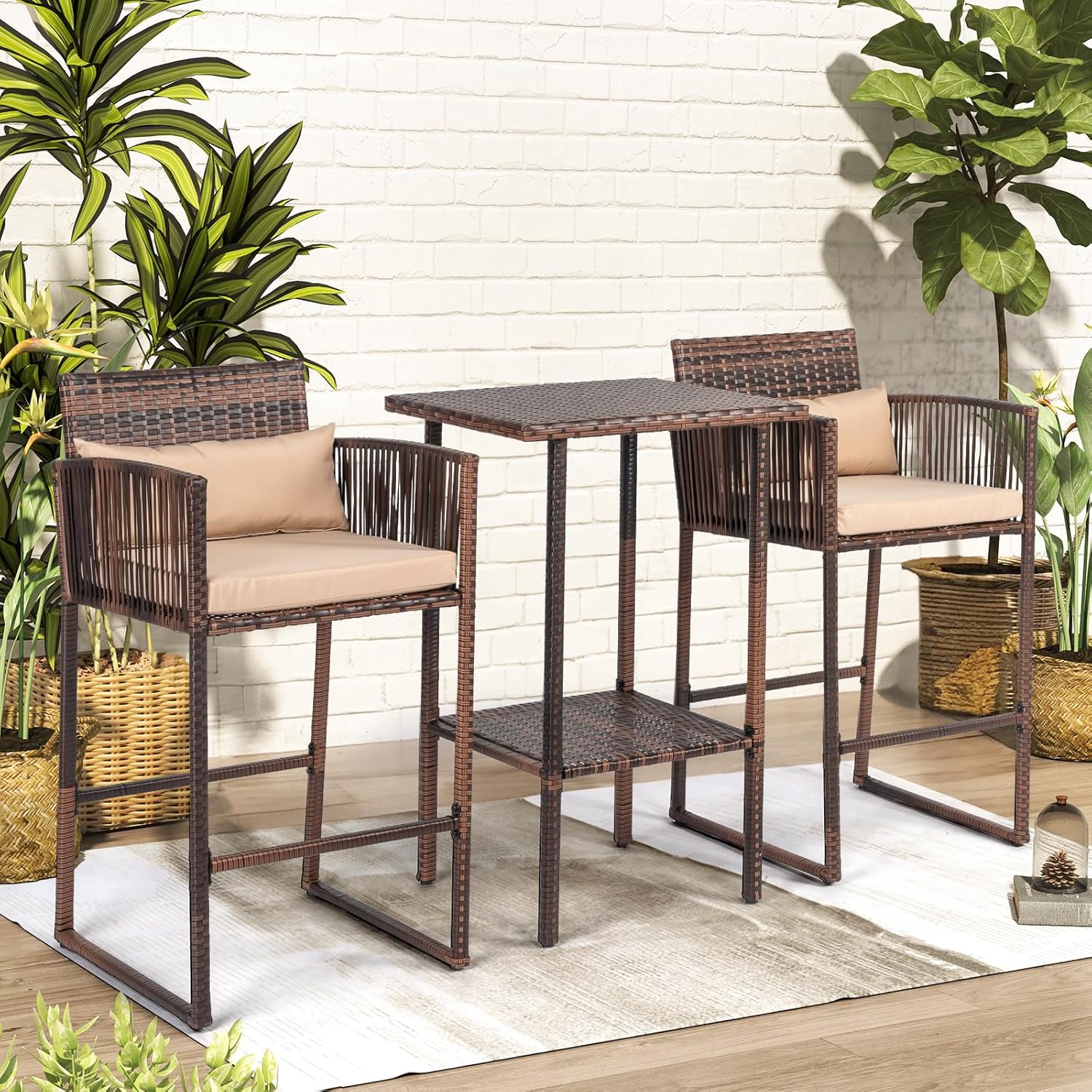 3 PCS Patio Bar Set Wicker, Outdoor Bar Table and Bar Stools with Storage Shelf and Cushions