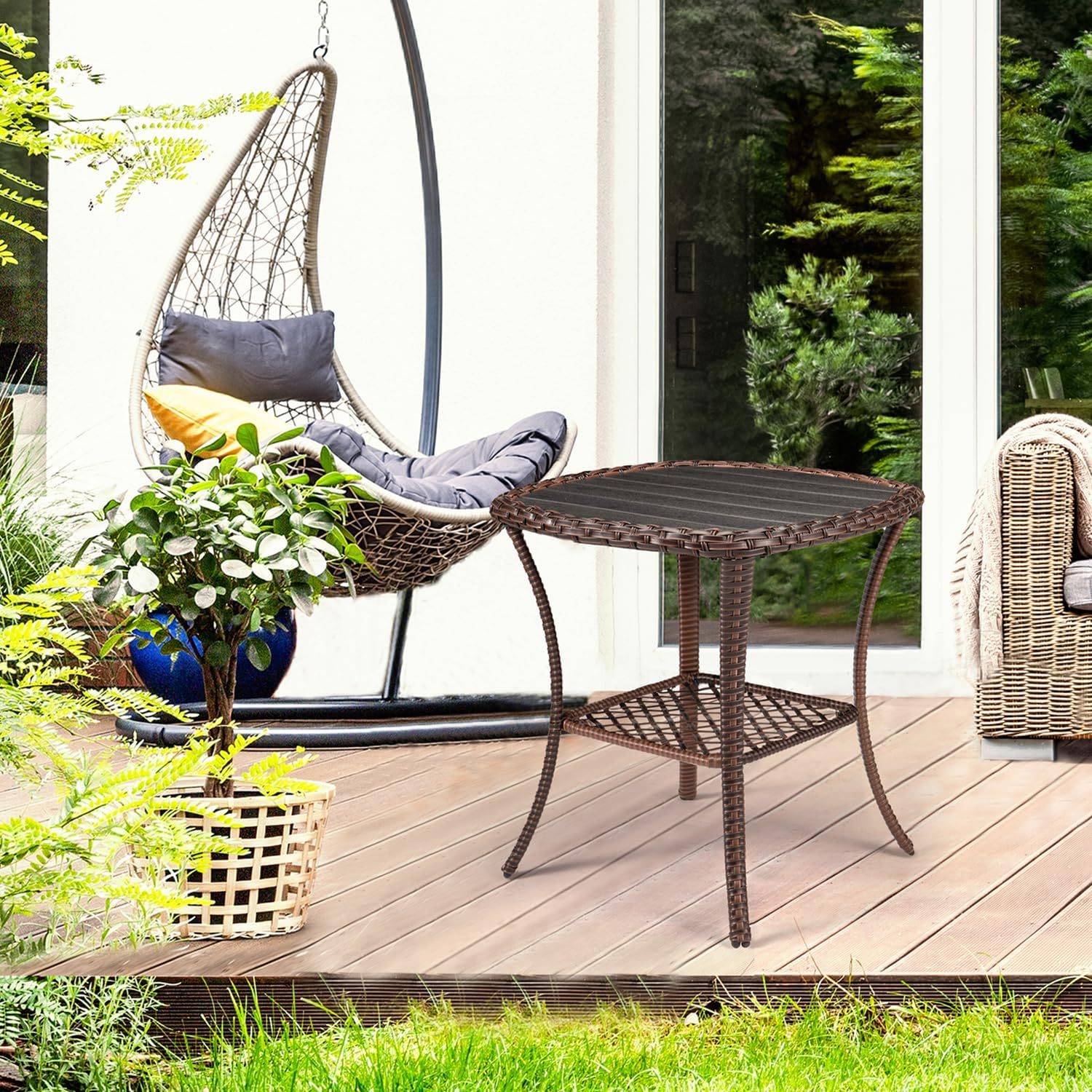 Outdoor Side Table Patio Wicker Coffee Table Outdoor End Table Rattan Bistro Table with Storage & Poly Lumber Table Top