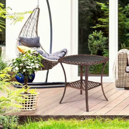 Outdoor Side Table Patio Wicker Coffee Table Outdoor End Table Rattan Bistro Table with Storage & Poly Lumber Table Top