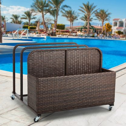 Pool Toy Storage Holder with Wicker Basket Outdoor Pool Float Holder Storage Rack Rolling Pool Caddy Cart