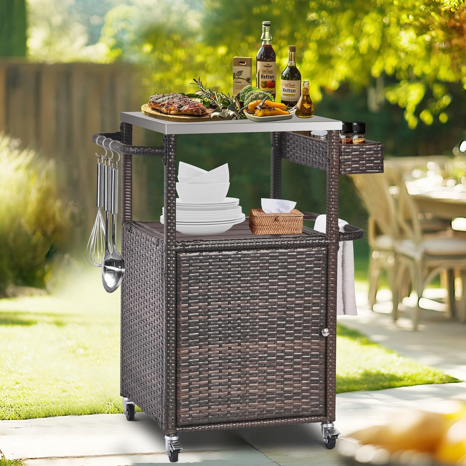Grill Cart Outdoor with Wheels Outdoor Prep Table Grill Station with Storage Outdoor Kitchen Island Serving Cart with Stainless Steel Table Top