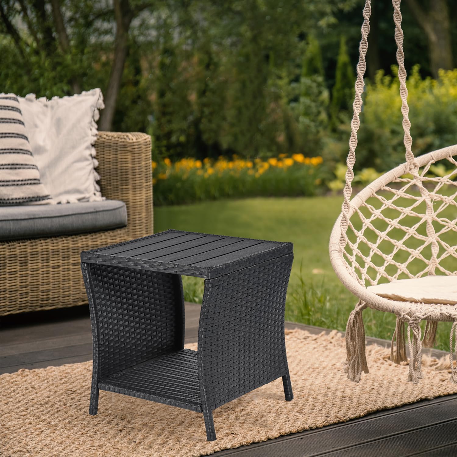 Outdoor Side Table for Patio Small Rattan Wicker Coffee Table Balcony Table Outside End Table with Poly Lumber Table Top & Storage Bistro Table