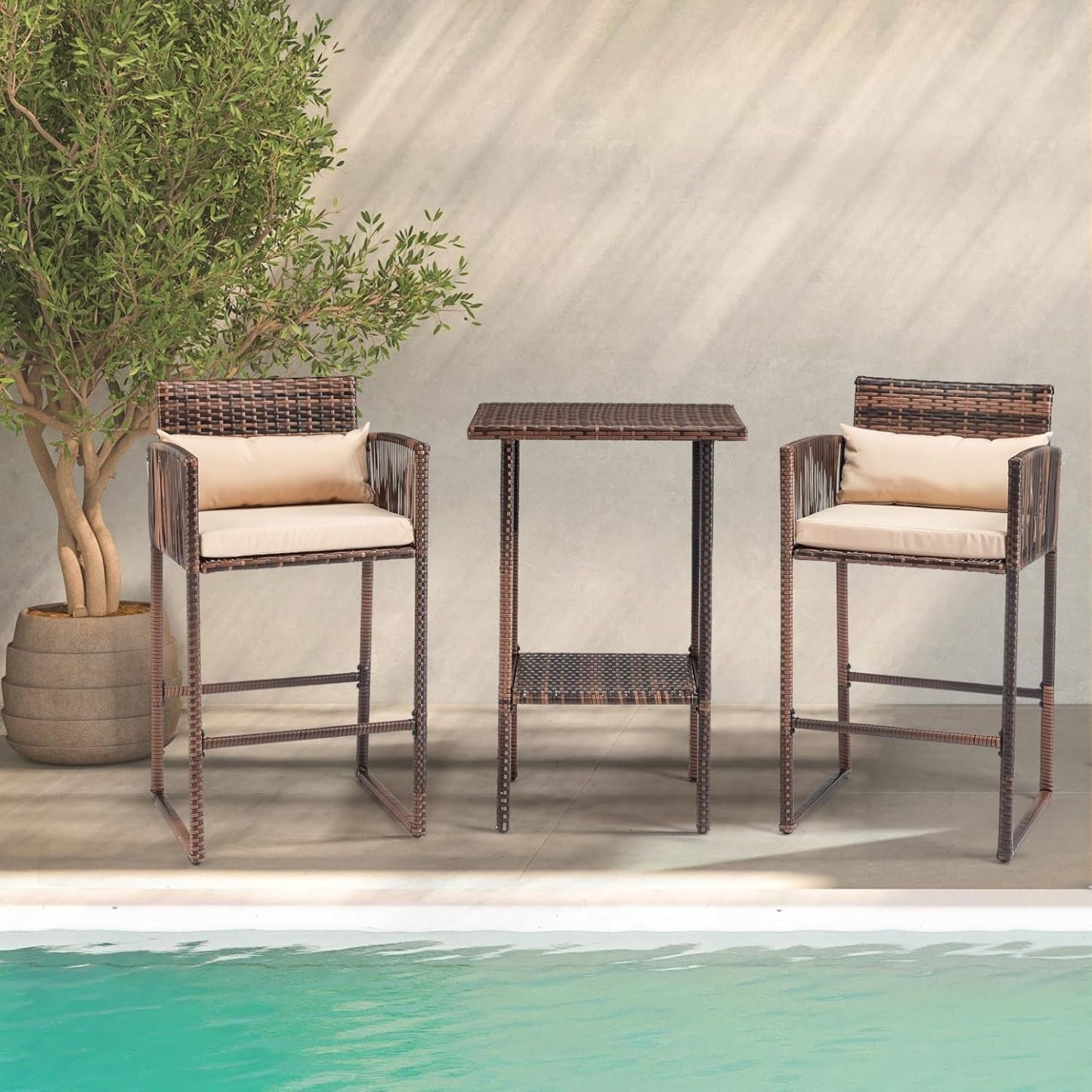 3-Piece Outdoor Bar Height Chairs, Rattan High Top Patio Table and Chairs Front Porch Wicker Weaving Furniture Set for Deck Backyard Garden Poolside