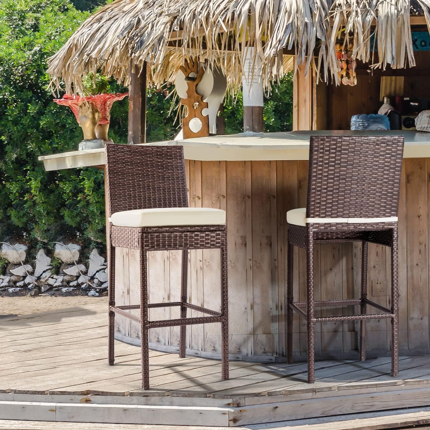 Outdoor Bar Stools Wicker Woven Patio Stools & Patio Bar Chairs Set of 2 Counter Bar Height Stools with Footrest