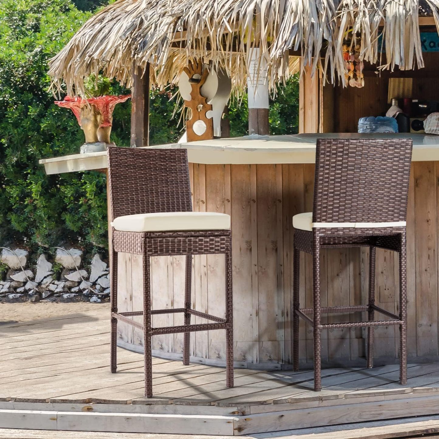 Outdoor Bar Stools Wicker Woven Patio Stools & Patio Bar Chairs Set of 2 Counter Bar Height Stools with Footrest