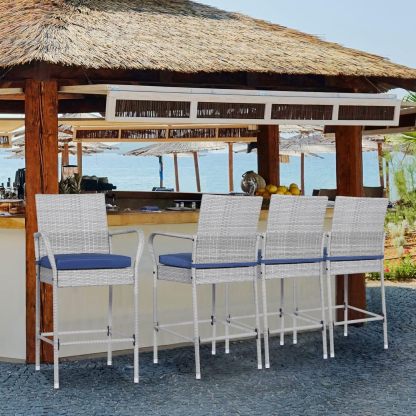 Outdoor Bar Stools Set of 4 Patio Chairs Bar Height Wicker Counter Height Bar Stools Patio Stools & Bar Chairs with Footrest Armrest Cushion Navy Blue